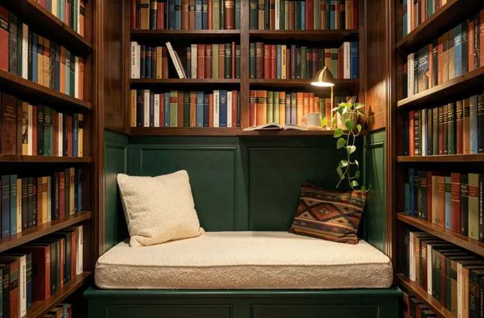 Coin lecture chaleureux avec bibliothèque en noyer, coussin bouclé et mur vert forêt pour une déco maison tendance