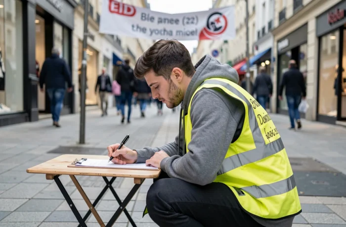 Jeune militant collectant des signatures pour une pétition citoyenne dans une rue commerçante française