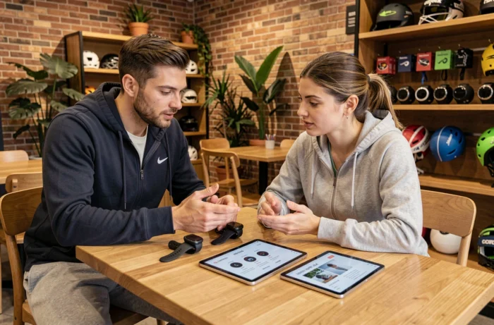 Deux sportifs comparant des montres connectées pour choisir le meilleur équipement sportif high-tech