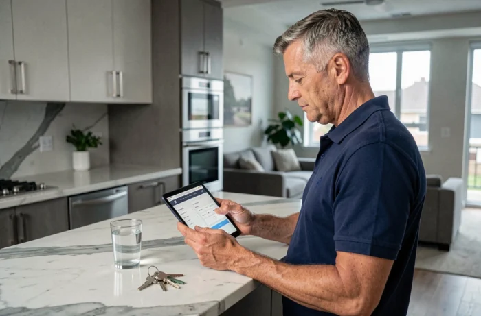 Homme consultant un comparateur d'assurance ou d'immobilier sur tablette dans une cuisine moderne