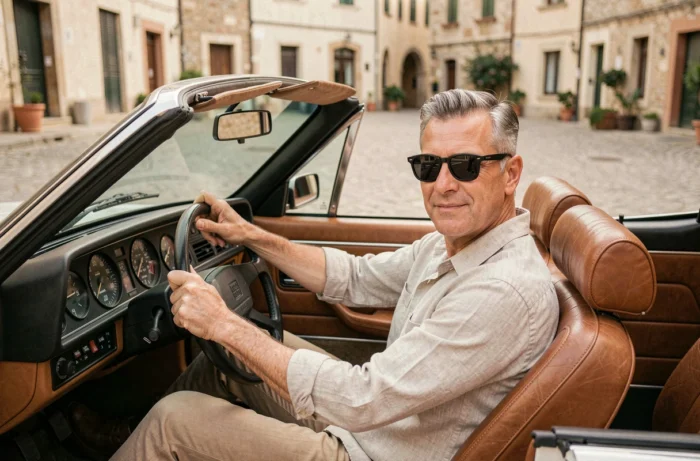 Elegant driver behind the wheel of a Peugeot 305 convertible with vintage leather interior and analog dashboard