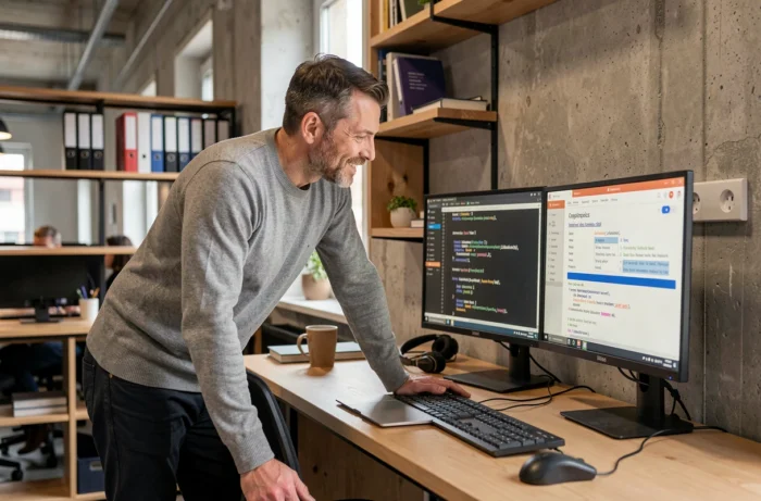 Webentwickler überprüft die rechtliche Konformität einer Webseite in der Schweiz auf zwei Bildschirmen