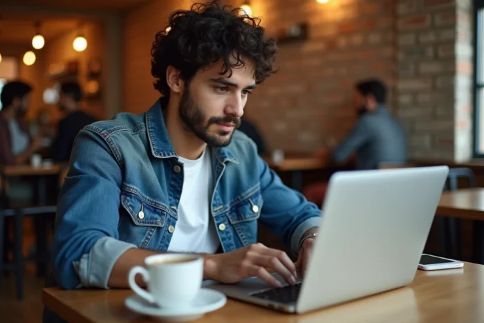 Jeune homme se connectant à son compte en ligne depuis un café avec son ordinateur portable