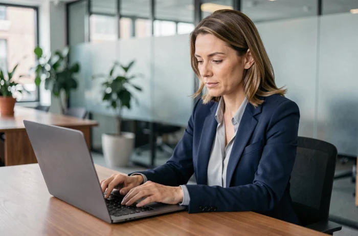 Femme professionnelle se connectant à son espace Arkevia sur un ordinateur portable dans un bureau moderne