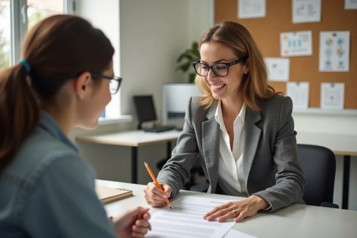Conseillère d'orientation aidant un élève à améliorer sa lettre de motivation pour un CAP Vente