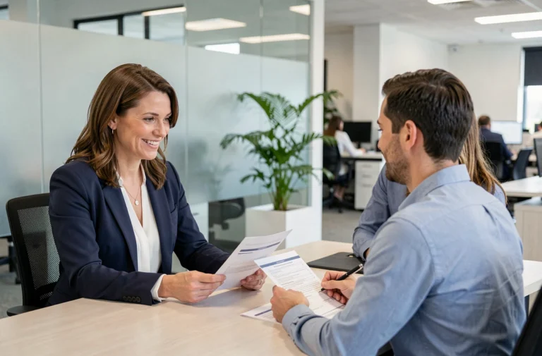 Conseillère en mutuelle santé expliquant les garanties à un couple dans un bureau professionnel moderne