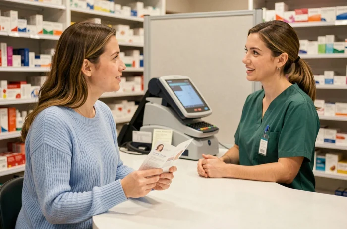 Femme en pharmacie demandant des conseils à une pharmacienne avant un rendez-vous pour un frottis médical