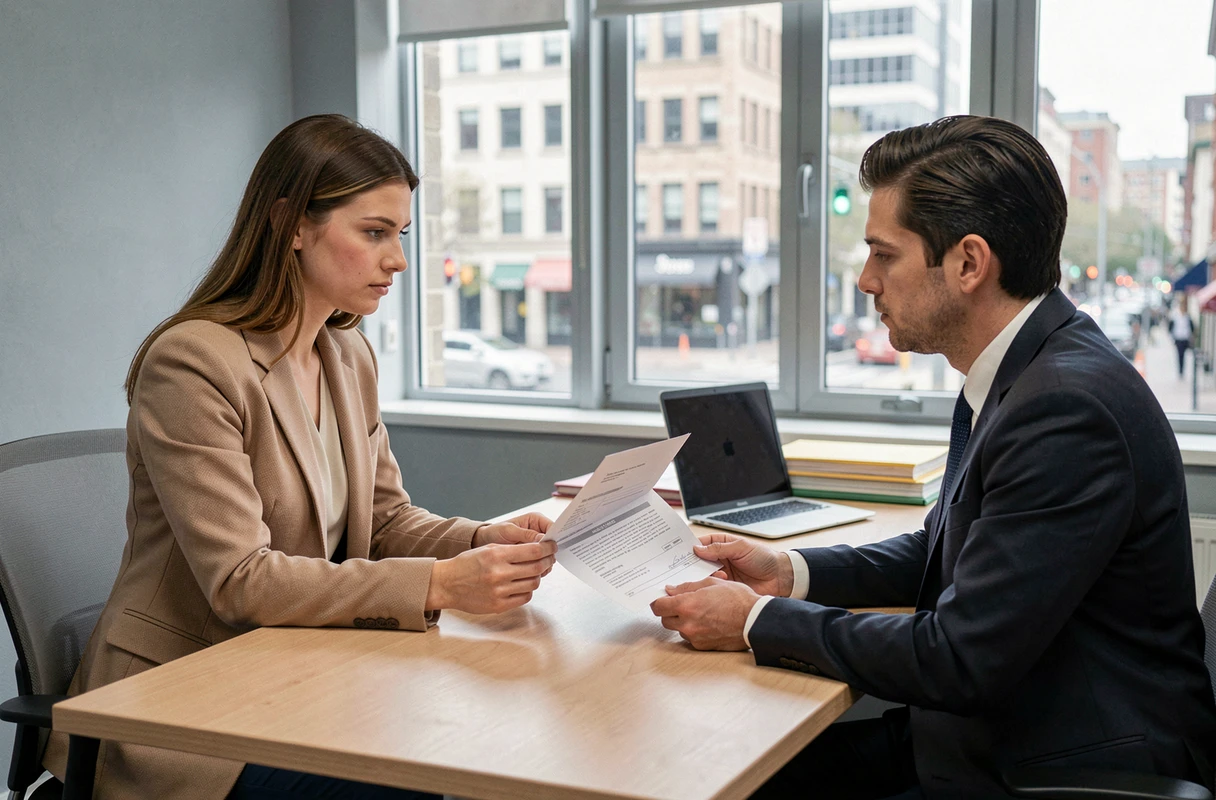 Femme consultant un conseiller juridique sur un avis de pénalité officielle dans un bureau administratif moderne