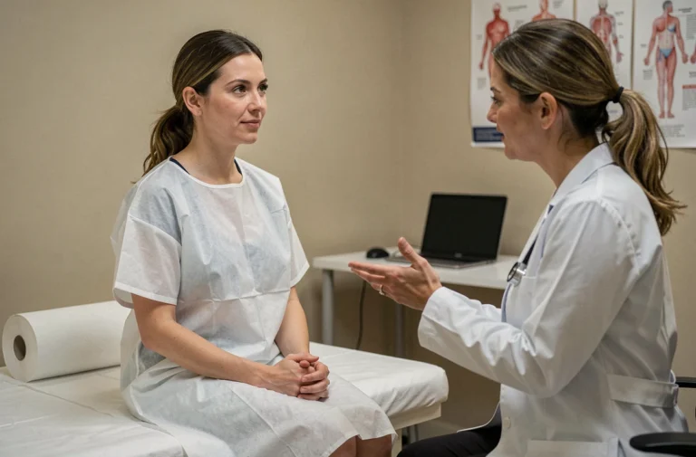 Femme en consultation médicale gynécologique écoutant les conseils de sa médecin avant un frottis cervical