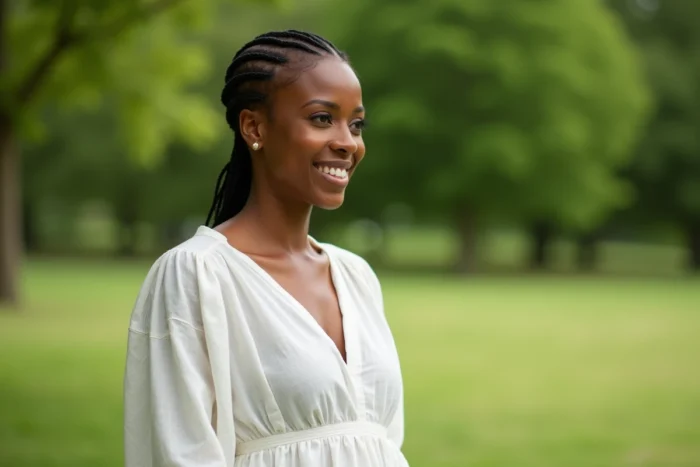 Femme noire aux cheveux afro courts coiffés en cornrows avec raie centrale, debout dans un parc verdoyant