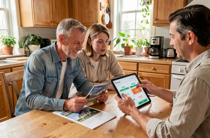 Couple discutant des tendances immobilières et des options de crédit avec un agent immobilier à domicile
