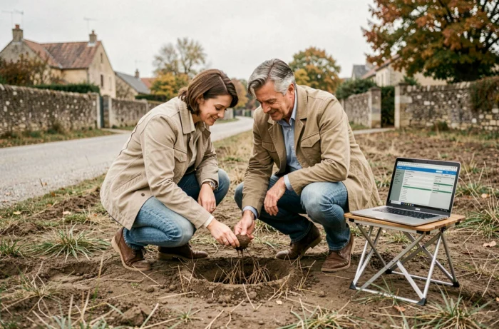 Couple analysant un terrain non constructible avec un ordinateur portable affichant le cadastre pour trouver une offre de terrain gratuit