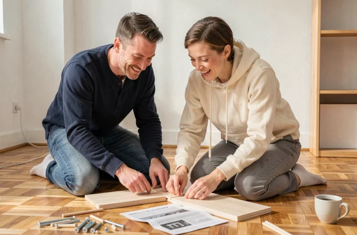 Couple assembling furniture together at home, DIY learning for autonomy to reduce expenses