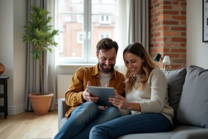 Couple consultant ensemble des annonces immobilières sur une tablette numérique dans leur salon