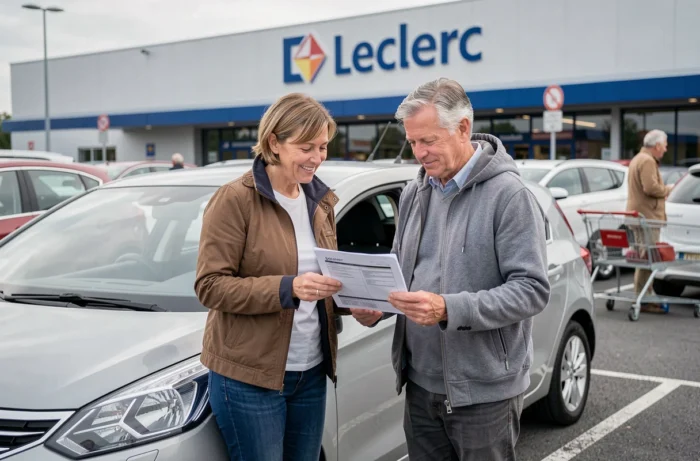 Couple consultant leurs documents de carte grise devant leur voiture dans le parking d'un Leclerc Auto