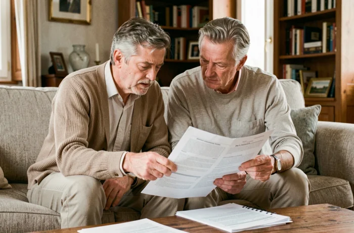 Couple examinant des documents de prêt immobilier avant de contacter le service client Crédit Immobilier de France