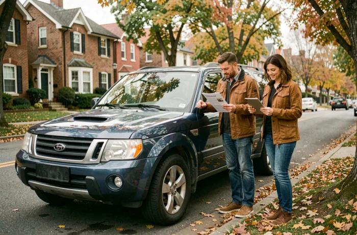 Couple inspectant une voiture d'occasion SUV dans une rue résidentielle avec fiche descriptive