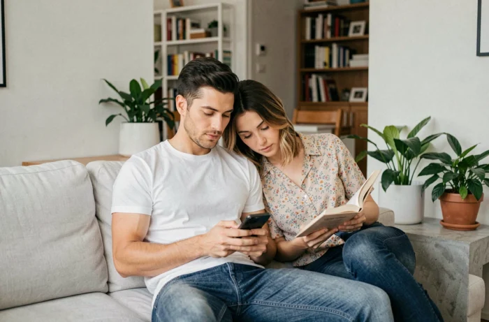 Couple détendu dans un appartement moderne, moment de vie quotidienne authentique et intimiste en intérieur