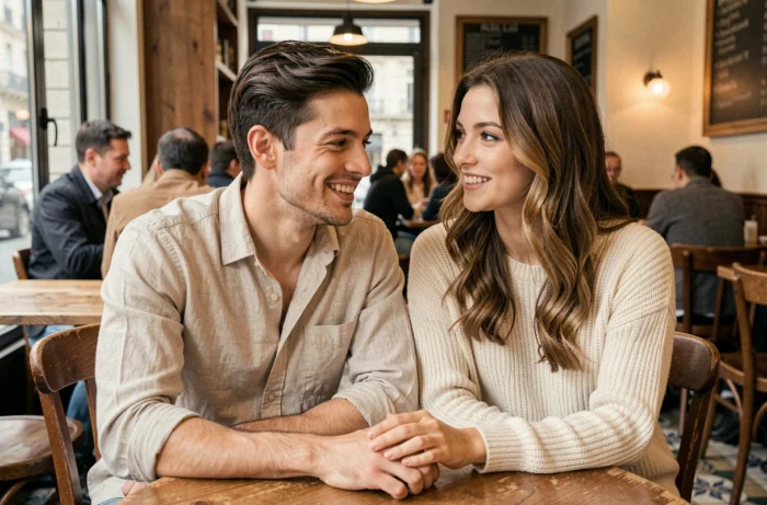 Couple de jeunes adultes attablés dans un café parisien, souriant et complices, ambiance chaleureuse et authentique