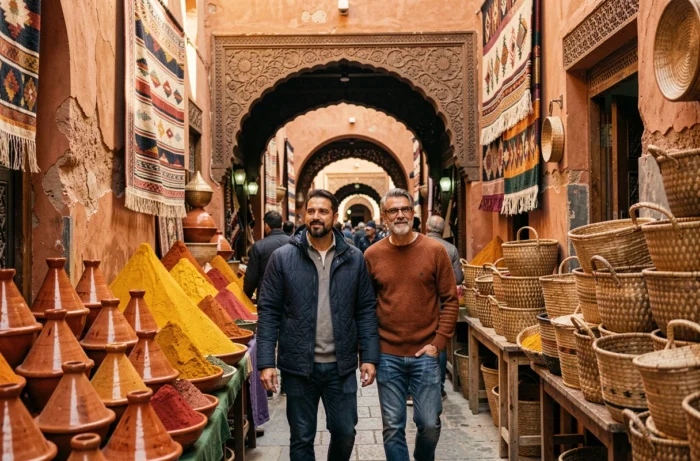Couple de voyageurs explorant un marché animé dans les souks colorés de Marrakech avec épices et poteries artisanales