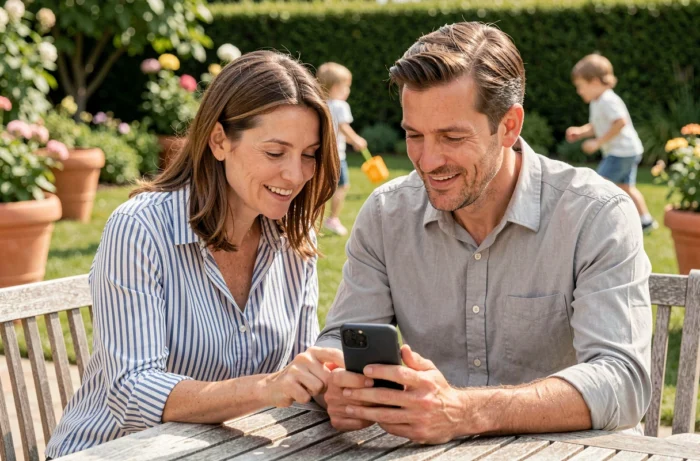 Couple de parents consultant des actualités famille sur smartphone dans un jardin lors d'un week-end en famille