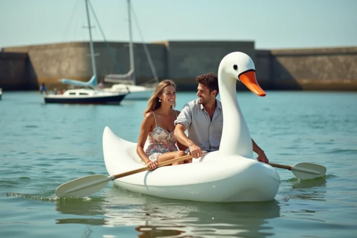 Couple en pédalo cygne sur le golfe du Morbihan avec des îles bretonnes en arrière-plan