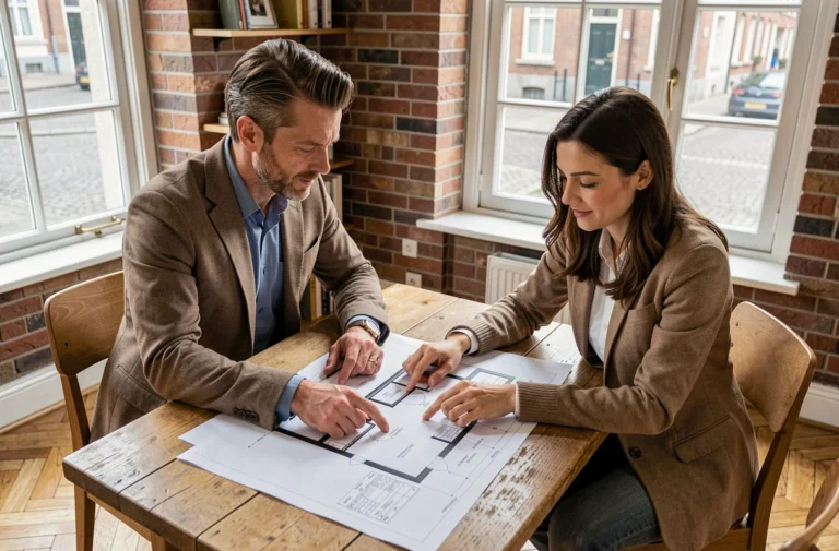 Couple belge examinant des plans immobiliers et des documents d'achat dans une maison de ville moderne