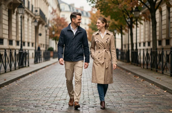 Couple élégant marchant main dans la main sur une rue pavée européenne en automne, style éditorial moderne
