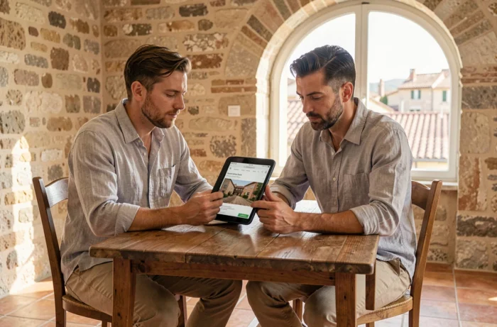 Coppia che consulta un annuncio immobiliare su tablet in un appartamento con muri in pietra ad Albi