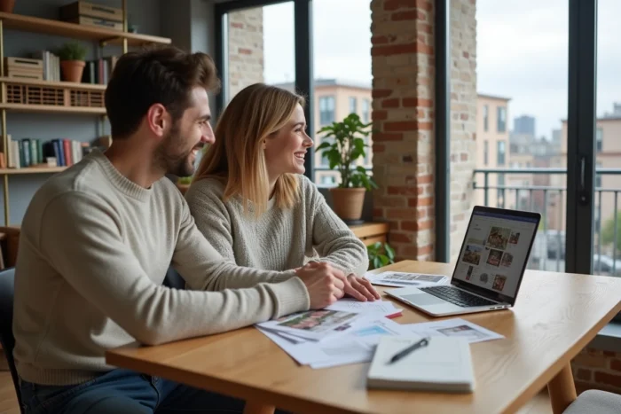 Couple en train d'analyser des offres immobilières avec des brochures et un ordinateur portable pour un projet d'investissement locatif