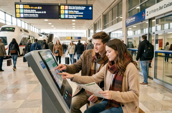 Couple réservant un trajet en bus sur une borne interactive dans une gare française