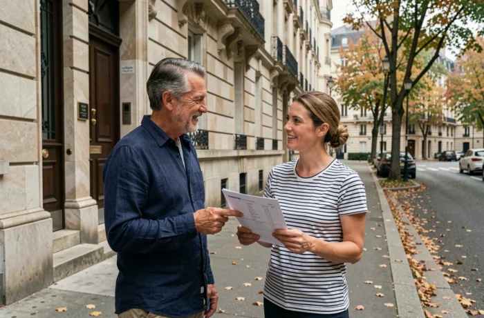 Couple visitant un immeuble résidentiel lors d'une recherche de bien immobilier dans un quartier urbain