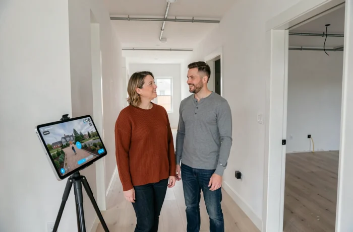 Couple découvrant la visite virtuelle de leur future maison neuve grâce à une interface numérique interactive