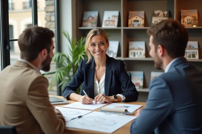 Courtier immobilier à Cholet en réunion avec des clients pour un projet d'achat immobilier