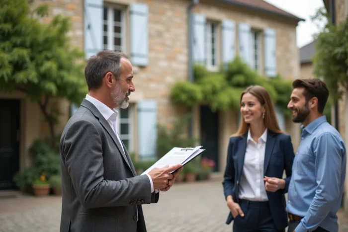 Agent courtier immobilier présentant une maison à vendre à Cholet à des acheteurs potentiels