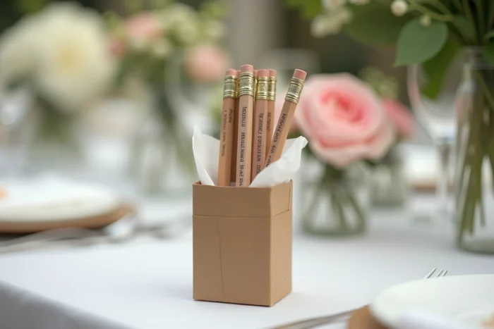 Crayons à planter dans une boîte en kraft tapissée de papier de soie, présentés comme cadeaux de mariage sur une nappe blanche