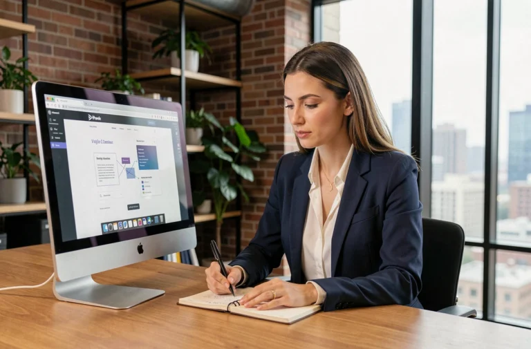 Femme professionnelle travaillant sur la création d'un site internet dans un bureau moderne