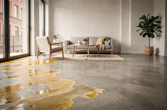 Sol en béton quartzé décoloré et irrégulier dans un salon moderne, montrant les défauts d'entretien