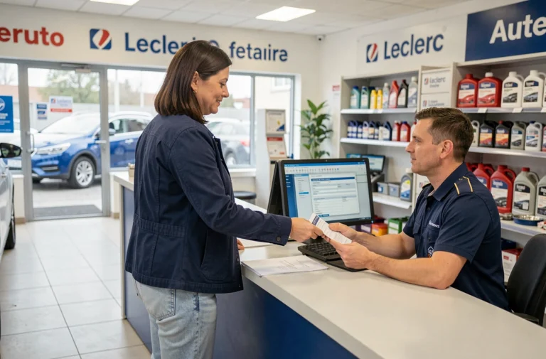 Femme effectuant sa demande de carte grise au comptoir d'un centre Leclerc Auto avec un conseiller