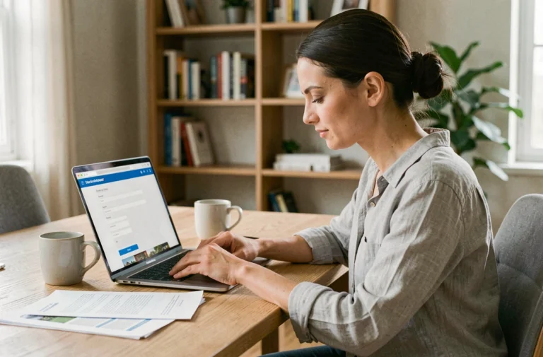 Femme gérant ses démarches immobilières et d'assurance en ligne depuis son bureau à domicile