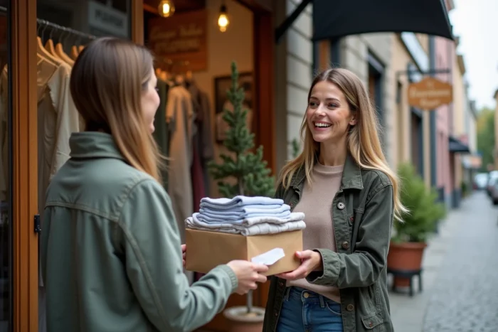 Échange de vêtements devant une boutique vintage lors d'un rachat de garde-robe