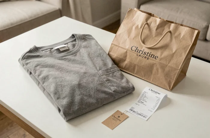 Dernier achat Christine Laure posé sur une table avec sac de marque froissé, étiquettes et vêtements pliés en gros plan