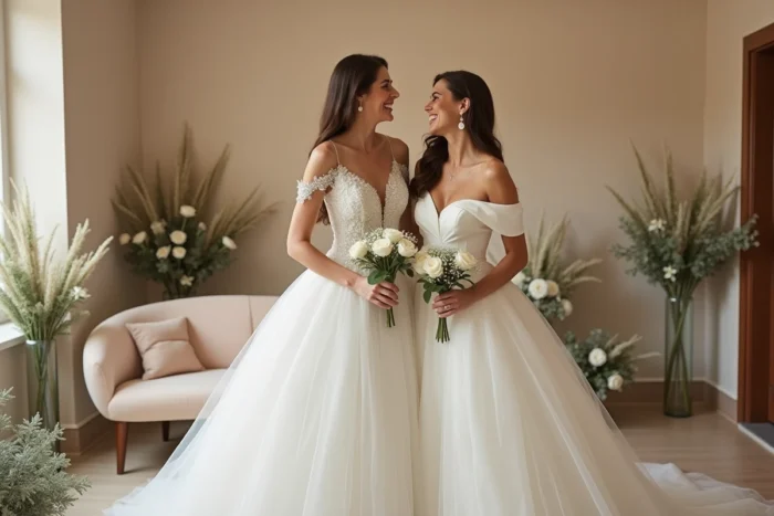 Deux mariées en robes de mariée tendance 2024 — robe princesse tulle et robe satin épaules dénudées — dans un salon d'essayage Tati Mariage