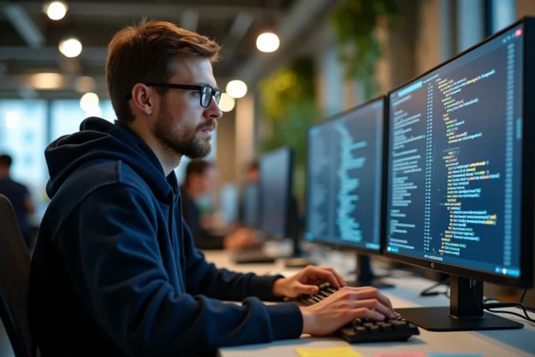 Développeur logiciel analysant du code Python et des sorties de modèles d'intelligence artificielle sur deux écrans ultrawide dans un bureau tech moderne