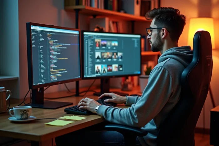 Développeur freelance configurant des modules PrestaShop pour optimiser une boutique en ligne depuis son bureau à domicile