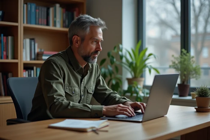 Développeur senior en télétravail consultant un tableau de bord de machine learning sur son ordinateur portable dans un bureau à domicile