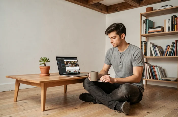 Développeur web travaillant sur le code d'un site internet professionnel depuis son domicile