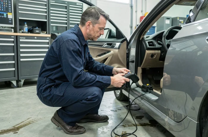 Technicien automobile connectant un scanner de diagnostic OBD-II sous le tableau de bord d'une berline dans un garage professionnel
