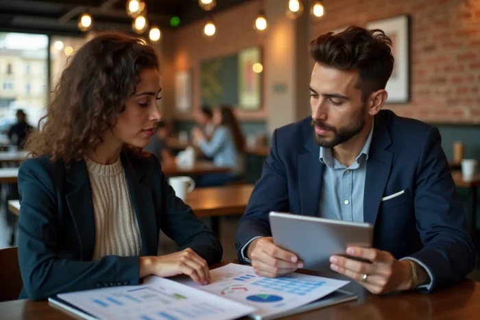 Deux professionnels discutant d'une stratégie de portefeuille diversifié incluant des actifs blockchain dans un café urbain