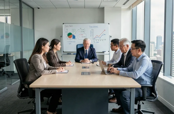 Teamvergadering in een bedrijf die hiërarchische en economische ongelijkheden tussen collega's van verschillende profielen onthult